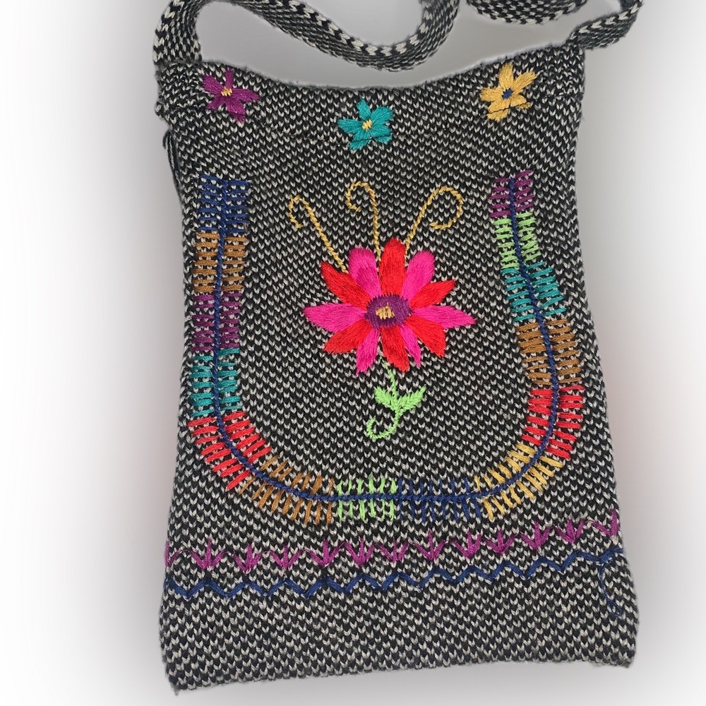 • Natural Life Black & White With Floral Embroidery Mini Crossbody  Bag •